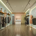 Fashion Clothing Store Interior With Light Green Walls Wooden Flooring And Hanging Clothes Racks