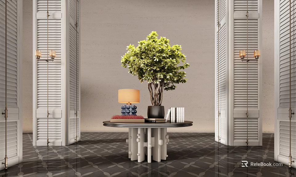 Elegant Console Table Interior Featuring Green Plant Lamp Books Shutter Walls And Patterned Flooring 3d model 