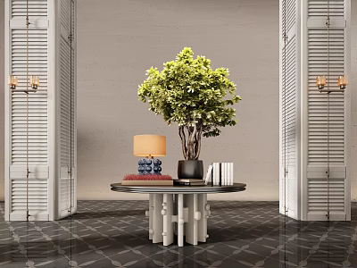 Elegant Console Table Interior Featuring Green Plant Lamp Books Shutter Walls And Patterned Flooring 3d model