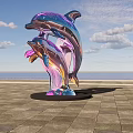 Vibrant Metallic Dolphin Landscape Sculpture In Park With People Around