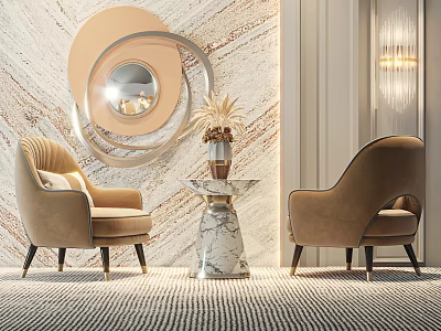 Elegant Leisure Chairs In Modern Living Room With Marble Wall Circular Mirror And Striped Carpet 3d model