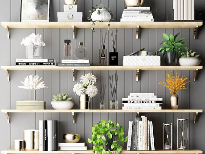 Decorative Floating Wall Shelves Displaying Books Vases Green Plants And Decor Items 3d model