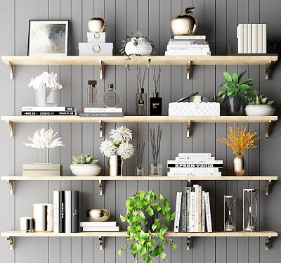 Decorative Floating Wall Shelves Displaying Books Vases Green Plants And Decor Items 3d model