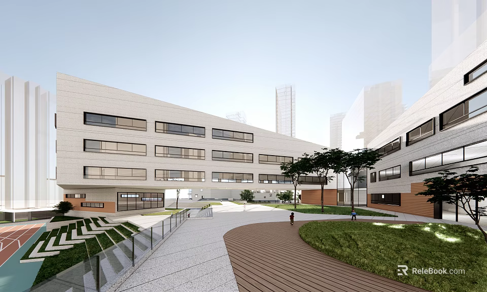 Modern School Building With Large Windows Courtyard Lawn Trees And Walkway 3d model 