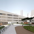 Modern School Building With Large Windows Courtyard Lawn Trees And Walkway