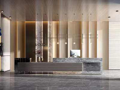 Minimalist Modern Reception Area Interior With Wooden Walls Marble Countertop And Pendant Lights 3d model
