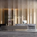 Minimalist Modern Reception Area Interior With Wooden Walls Marble Countertop And Pendant Lights