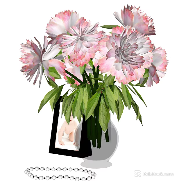 Pink Flower Arrangement With Green Leaves Clear Vase And Black Photo Frame Decorative Ornament Set 3d model 