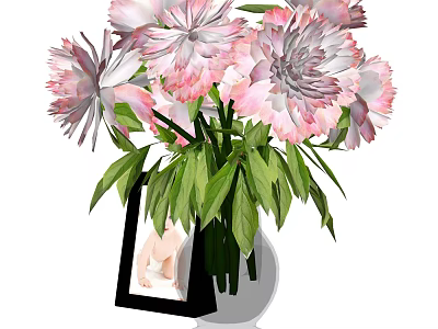 Pink Flower Arrangement With Green Leaves Clear Vase And Black Photo Frame Decorative Ornament Set 3d model
