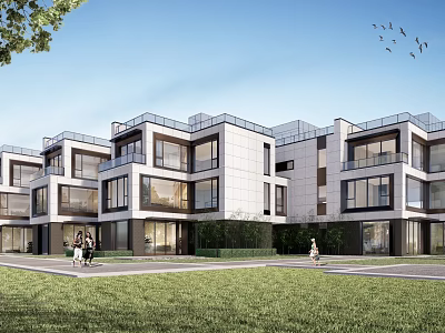 Modern Townhouse Exterior Design With Large Windows Balconies And Green Lawn Area 3d model