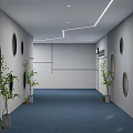 Modern Elevator Hallway With White Structure Circular Cutouts Green Plants And Gray Stone Tile Floor