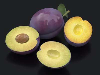 Fresh Ripe Purple Plums Whole and Sliced with Yellow Flesh and Seed 3d model