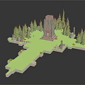 Cartoon Scene With Ancient Tower Green Grass And Tall Pine Trees 3d model