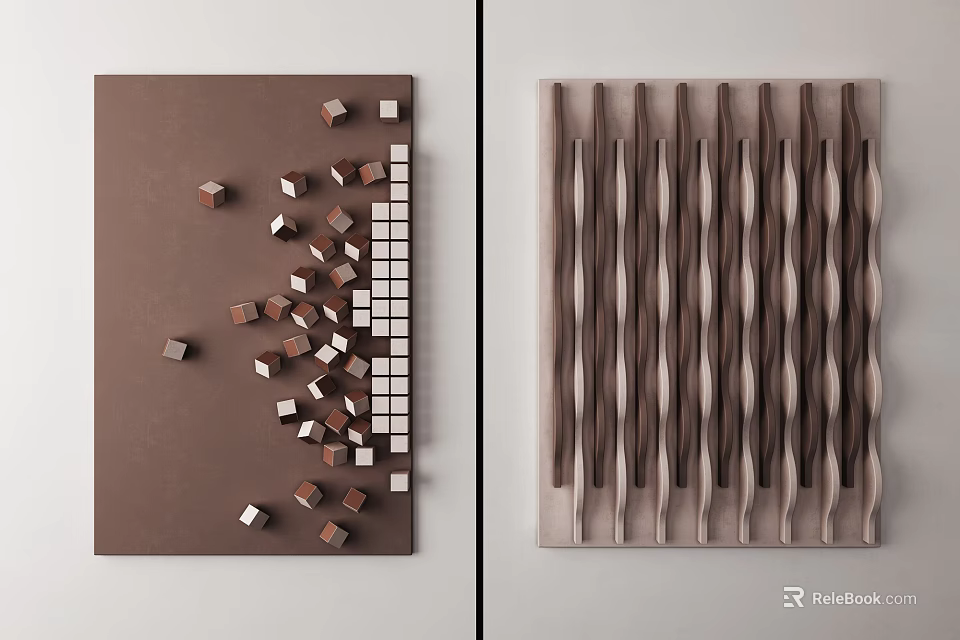 Modern Wall Decor With Geometric Cubes And Wavy Brown Beige Stripes Design 3d model 