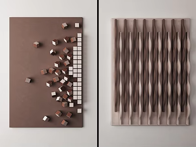 Modern Wall Decor With Geometric Cubes And Wavy Brown Beige Stripes Design 3d model