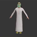 3D Character Model Wearing White Robe With Headscarf In Standing Pose Against Dark Background