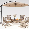 Wicker Outdoor Chairs with Round Table Large Beige Cantilever Umbrella Vase and Fruits Patio Seating