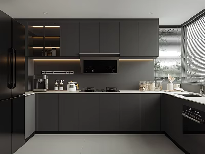 Modern Open Kitchen Interior With Dark Cabinets Island Counter And Appliances 3d model