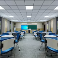 School Classroom Interior With Blue Chairs White Tables Ceiling Lights Windows And Curtains 3d model
