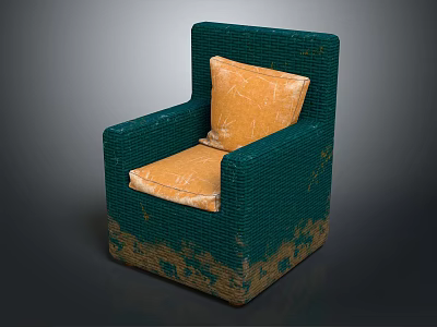 Green Woven Single Sofa With Orange Cushions And Distressed Brown Base 3d model