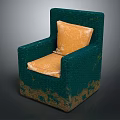 Green Woven Single Sofa With Orange Cushions And Distressed Brown Base