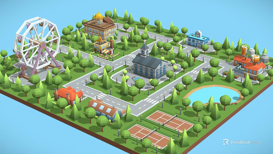 Vibrant Commercial Street with Ferris Wheel Lush Trees Lake Tennis Courts and Diverse Buildings 3d model 