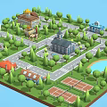 Vibrant Commercial Street with Ferris Wheel Lush Trees Lake Tennis Courts and Diverse Buildings