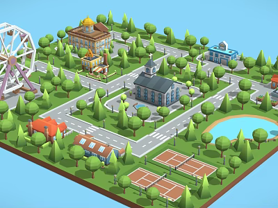 Vibrant Commercial Street with Ferris Wheel Lush Trees Lake Tennis Courts and Diverse Buildings 3d model