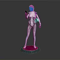 Game Movie Character with Purple Hair White Bodysuit Blue Lines Holding Smartphone on Pink Base