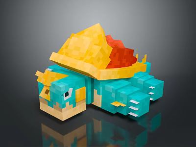 Pixel Art Reptile Turtle With Yellow Shell Blue Body And Red Accents In Digital Design 3d model