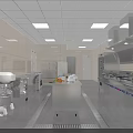 Commercial Kitchen Interior With Stainless Steel Worktables Cabinets Ventilation Hoods And Lighting