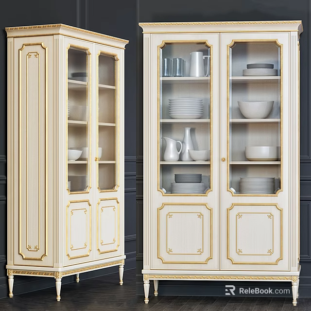 Elegant White Sideboard With Gold Trim Glass Doors And Displayed Dishes Bowls Vases Plates 3d model 