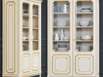 Elegant White Sideboard With Gold Trim Glass Doors And Displayed Dishes Bowls Vases Plates 3d model