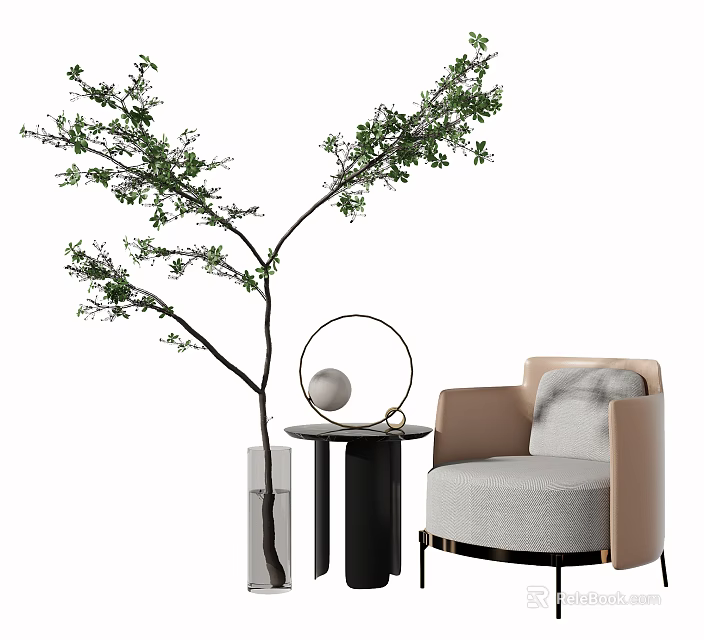 Modern Single Sofa Interior Design With Green Tree Circular Decor And Round Side Table 3d model
