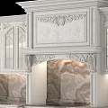 Elegant White Kitchen Cabinets With Carved Details And Marble Island Countertop