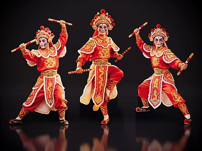 Three Performers In Traditional Red Chinese Opera Costumes With Ornate Headgear And Sticks 3d model