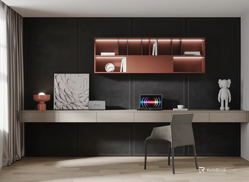 Home Office Interior With Dark Wall Copper Bookshelf Desk And Table Lamp 3d model 