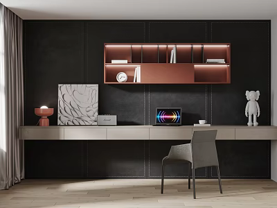Home Office Interior With Dark Wall Copper Bookshelf Desk And Table Lamp 3d model