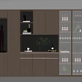 Modern Wooden Cabinet with Glass Doors Shelves Decorative Items Green Plant Wine Glasses and Books