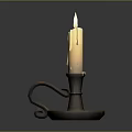 Burning White Candle On Decorative Metal Candlestick With Curved Handle And Tray