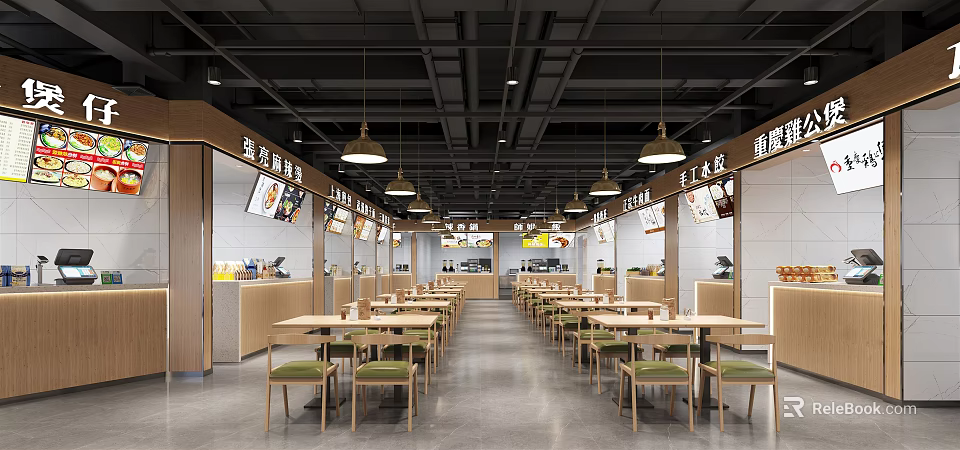 Modern Restaurant Interior With Neat Tables Chairs Hanging Lights And Wall Menu Displays 3d model 