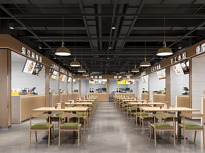 Modern Restaurant Interior With Neat Tables Chairs Hanging Lights And Wall Menu Displays 3d model