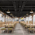 Modern Restaurant Interior With Neat Tables Chairs Hanging Lights And Wall Menu Displays