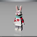 Lego Style Rabbit With Pink Ears Red Nose Red White Outfit Heart Pattern Blue Collar