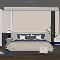 Modern Bedroom Interior With Blue And White Bedding Table Lamp Potted Plant Wooden Floor