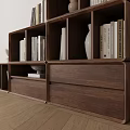 Modern Walnut Decorative Cabinet With Open Shelves Drawers And Books Vase