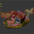 Scenic Miniature Red Roof House With Red Trees Grass And Stone Pathway