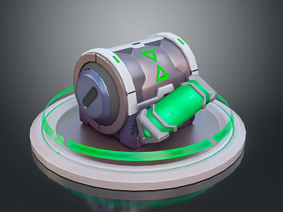3D Sci Fi Device Model With Silver Green Accents And Circular Glowing Base 3d model
