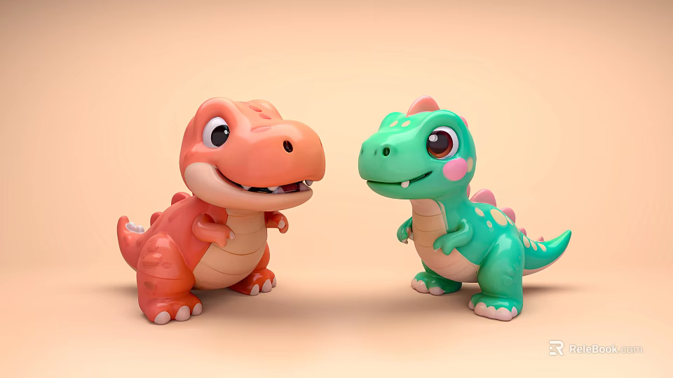 Adorable Reptile Dinosaur Toys In Orange Green With Big Eyes Smiling On Light Brown Background 3d model 