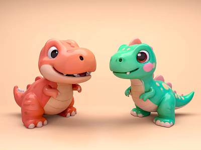 Adorable Reptile Dinosaur Toys In Orange Green With Big Eyes Smiling On Light Brown Background 3d model